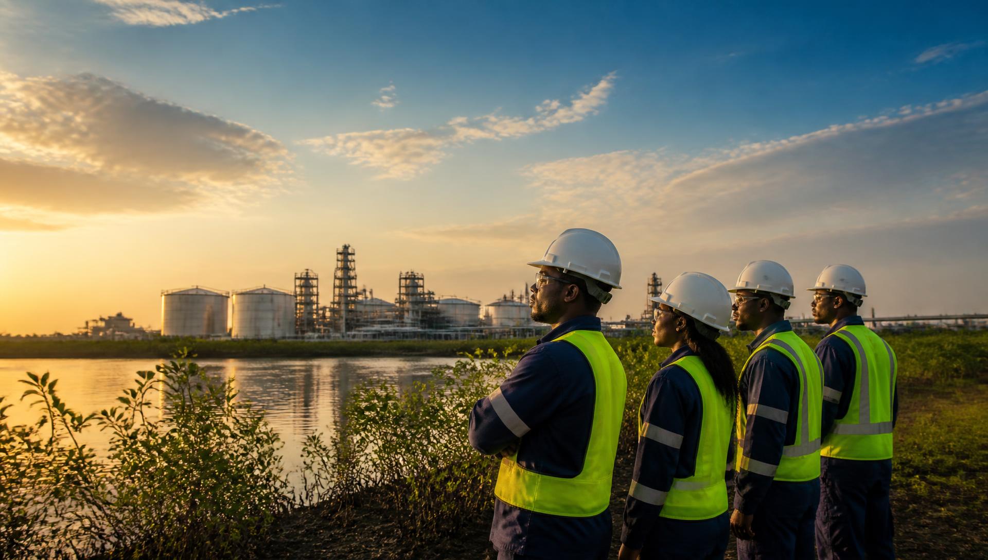 Bonny Island industrial facility at sunset with local professionals in safety gear